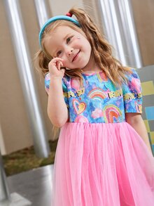 SHEIN 小女童心和紮染泡泡袖網紗拼接洋裝