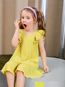 SHEIN Toddler Girls Ruffle Hem Smock Dress - Yellow - View 1