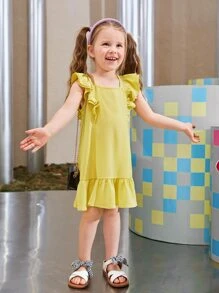 SHEIN Toddler Girls Ruffle Hem Smock Dress - Yellow - View 2
