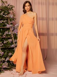 SHEIN Belle 1 PC Draped One Shoulder Wrap Bridesmaid Dress - Orange - View 3