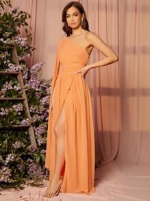 SHEIN Belle 1 PC Draped One Shoulder Wrap Bridesmaid Dress - Orange - View 4