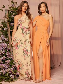 SHEIN Belle 1 PC Draped One Shoulder Wrap Bridesmaid Dress - Orange - View 5