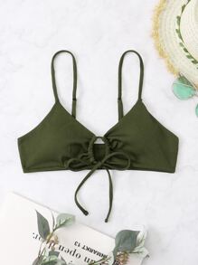 SHEIN Swim 羅紋前繫帶比基尼泳裝上衣 - 軍綠色 - 查看 4
