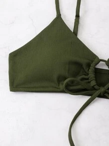 SHEIN Swim 羅紋前繫帶比基尼泳裝上衣 - 軍綠色 - 查看 5