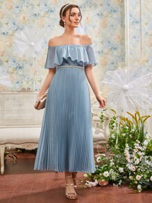 Modelyn 素色荷葉邊百褶一字肩洋裝附腰帶 - 霧霾藍 - 查看 3