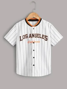 SHEIN Tween Boy Letter And Striped Print Contrast Neck Shirt - White - View 1