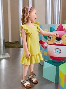 SHEIN Toddler Girls Ruffle Hem Smock Dress - Yellow - View 5
