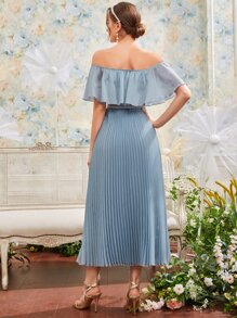 Modelyn 素色荷葉邊百褶一字肩洋裝附腰帶 - 霧霾藍 - 查看 2