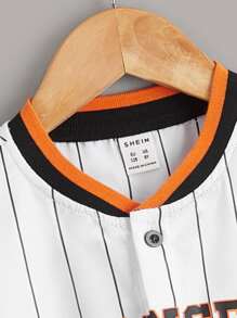SHEIN Tween Boy Letter And Striped Print Contrast Neck Shirt - White - View 4