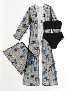 Swim Vcay Summer Beach Butterfly Appliques Sheer Mesh Bikini Set Bandeau Bra & High Waisted Bottom & Beach Cover-Up Jacket & Cover-Up Skirt 4 Piece Bathing Suit - Black - View 3