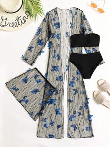 Swim Vcay Summer Beach Butterfly Appliques Sheer Mesh Bikini Set Bandeau Bra & High Waisted Bottom & Beach Cover-Up Jacket & Cover-Up Skirt 4 Piece Bathing Suit - Black - View 4