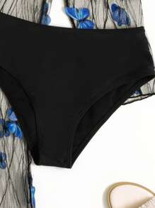 Swim Vcay Summer Beach Butterfly Appliques Sheer Mesh Bikini Set Bandeau Bra & High Waisted Bottom & Beach Cover-Up Jacket & Cover-Up Skirt 4 Piece Bathing Suit - Black - View 5