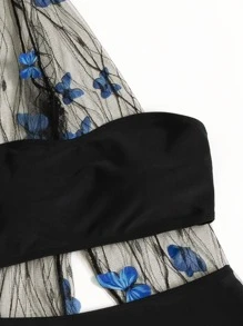 Swim Vcay Summer Beach Butterfly Appliques Sheer Mesh Bikini Set Bandeau Bra & High Waisted Bottom & Beach Cover-Up Jacket & Cover-Up Skirt 4 Piece Bathing Suit - Black - View 6