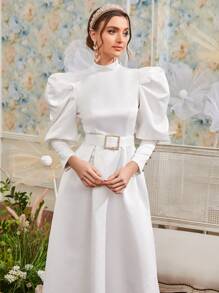 Modelyn Gigot Sleeve Buckle Belted Mock Neck Dress Long Evening Dresses - White - View 3