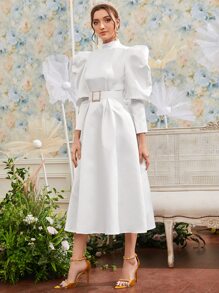 Modelyn Gigot Sleeve Buckle Belted Mock Neck Dress Long Evening Dresses - White - View 4