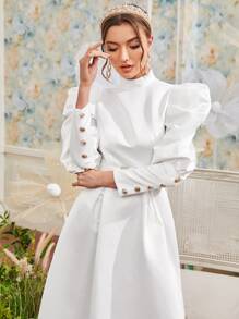 Modelyn Gigot Sleeve Buckle Belted Mock Neck Dress Long Evening Dresses - White - View 6