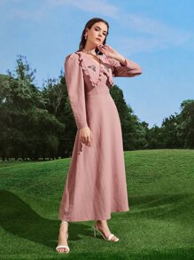 Mulvari 刺繡貼花荷葉邊羊腿袖洋裝 - 藕粉色 - 查看 4