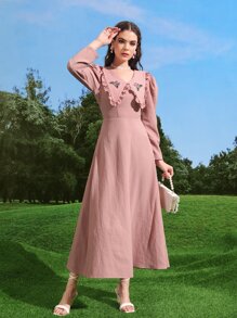 Mulvari 刺繡貼花荷葉邊羊腿袖洋裝 - 藕粉色 - 查看 6