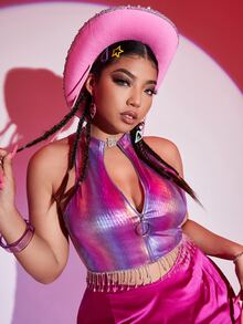 SHEIN 大碼金屬質感金屬圓環前拉鏈掛脖上衣 - 彩色 - 查看 2