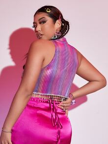 SHEIN 大碼金屬質感金屬圓環前拉鏈掛脖上衣 - 彩色 - 查看 3