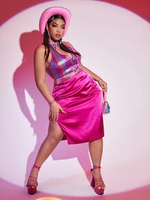 SHEIN 大碼金屬質感金屬圓環前拉鏈掛脖上衣 - 彩色 - 查看 4