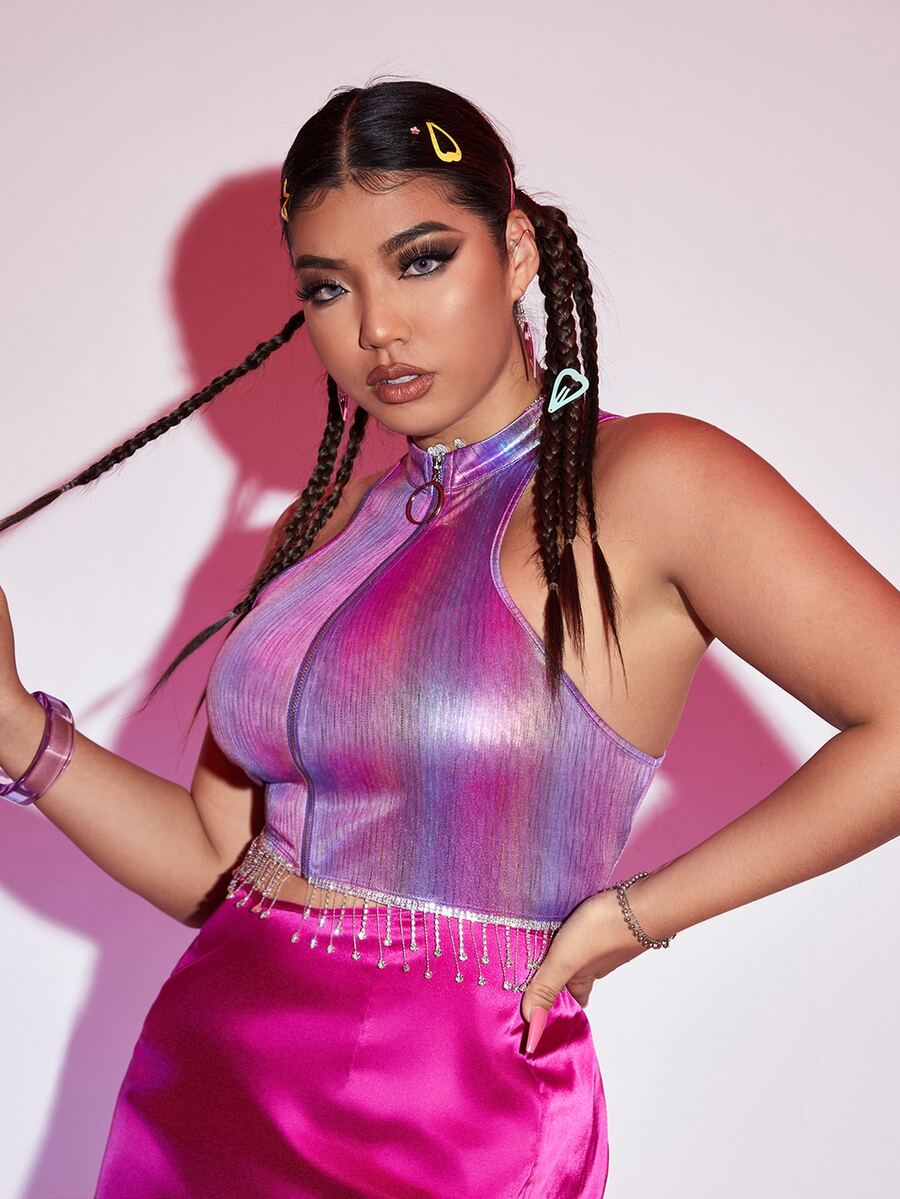 SHEIN 大碼金屬質感金屬圓環前拉鏈掛脖上衣 - 彩色 - 查看 1