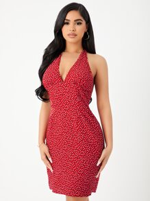SHEIN Ditsy Floral Print Halter Neck Dress - Red - View 5