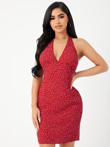 SHEIN Ditsy Floral Print Halter Neck Dress - Red - View 6