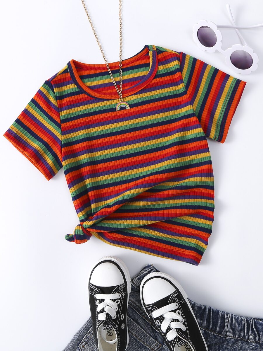 SHEIN Niñas Camiseta de rayas de canalé - Multicolor - Ver 1
