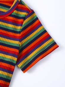 SHEIN Niñas Camiseta de rayas de canalé - Multicolor - Ver 3