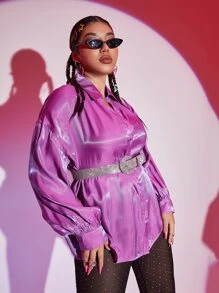 SHEIN Hơn Áo sơ mi Nút phía trước Tay áo Đèn lồng - Màu đỏ tím - Xem 1