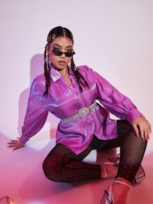 SHEIN Hơn Áo sơ mi Nút phía trước Tay áo Đèn lồng - Màu đỏ tím - Xem 5