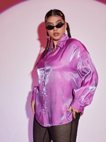 SHEIN Hơn Áo sơ mi Nút phía trước Tay áo Đèn lồng - Màu đỏ tím - Xem 6