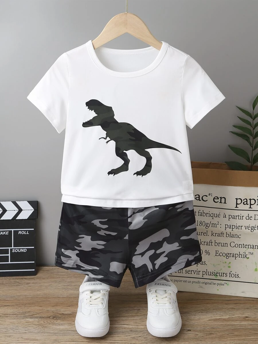 SHEIN Chàng trai trẻ In Khủng long Áo thun & Camo In Quần short - Nhiều màu - Xem 1