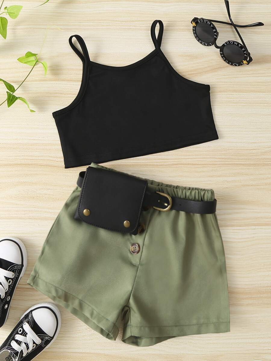 SHEIN Young Girl Cami Top & Fake Button Shorts Without Belt Bag - Multicolor - View 1