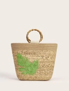 Leaf Appliques Vacation Design Straw Tote Bag - Brown - View 4