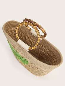 Leaf Appliques Vacation Design Straw Tote Bag - Brown - View 9