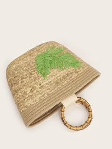 Leaf Appliques Vacation Design Straw Tote Bag - Brown - View 7