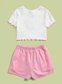 SHEIN Girls Letter Embroidery Lettuce Trim Tee & Track Shorts Set - Multicolor - View 2
