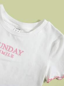 SHEIN Girls Letter Embroidery Lettuce Trim Tee & Track Shorts Set - Multicolor - View 3