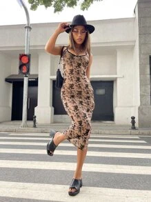 SHEIN ICON Vestido ajustado de tirantes de malla con estampado floral con dragón chino sin lencería - Multicolor - Ver 3