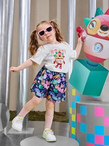 SHEIN Toddler Girls Letter & Robot Print Tee - White - View 1