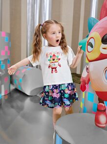 SHEIN Toddler Girls Letter & Robot Print Tee - White - View 2