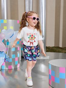 SHEIN Toddler Girls Letter & Robot Print Tee - White - View 3