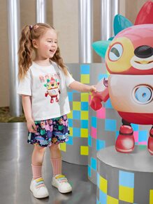 SHEIN Toddler Girls Letter & Robot Print Tee - White - View 5