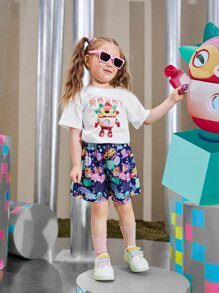 SHEIN Toddler Girls Letter & Robot Print Tee - White - View 6