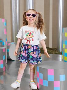 SHEIN Toddler Girls Letter & Robot Print Tee - White - View 7