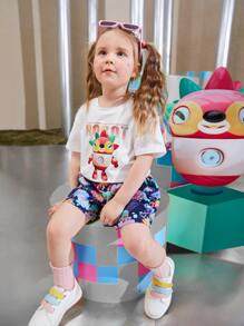 SHEIN Toddler Girls Letter & Robot Print Tee - White - View 8