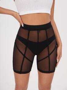 SHEIN Sheer Mesh Cycling Shorts Without Panty - Black - View 1