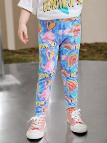 SHEIN 小女童字母圖案紮染緊身打底褲